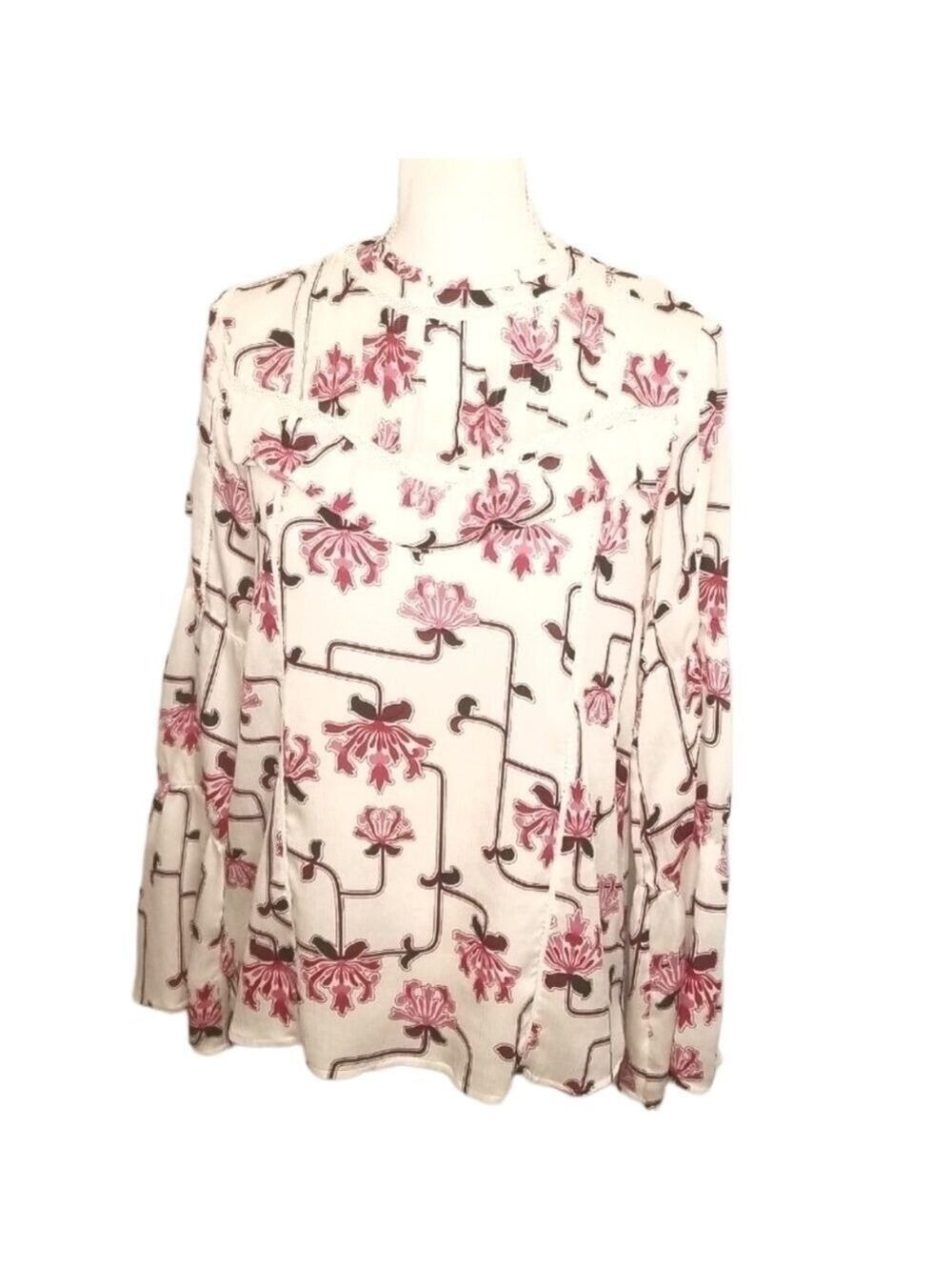 ANN Taylor blouse cream pink red XS flowy ruffle flare sleeve floral cottagecore